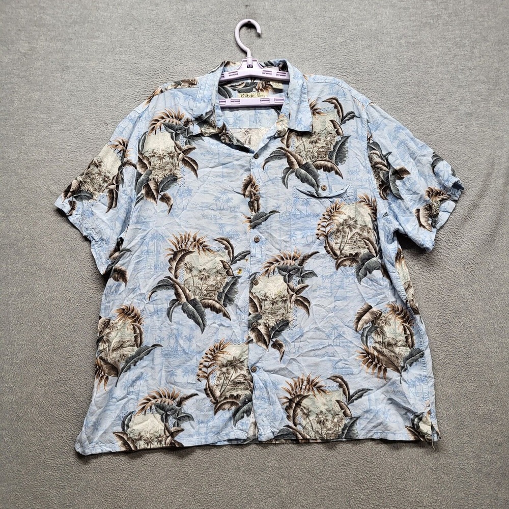 Batik Bay Men Button Up Shirt 2XL Blue Leaf Print Hawaiian Short Sleeve Collar